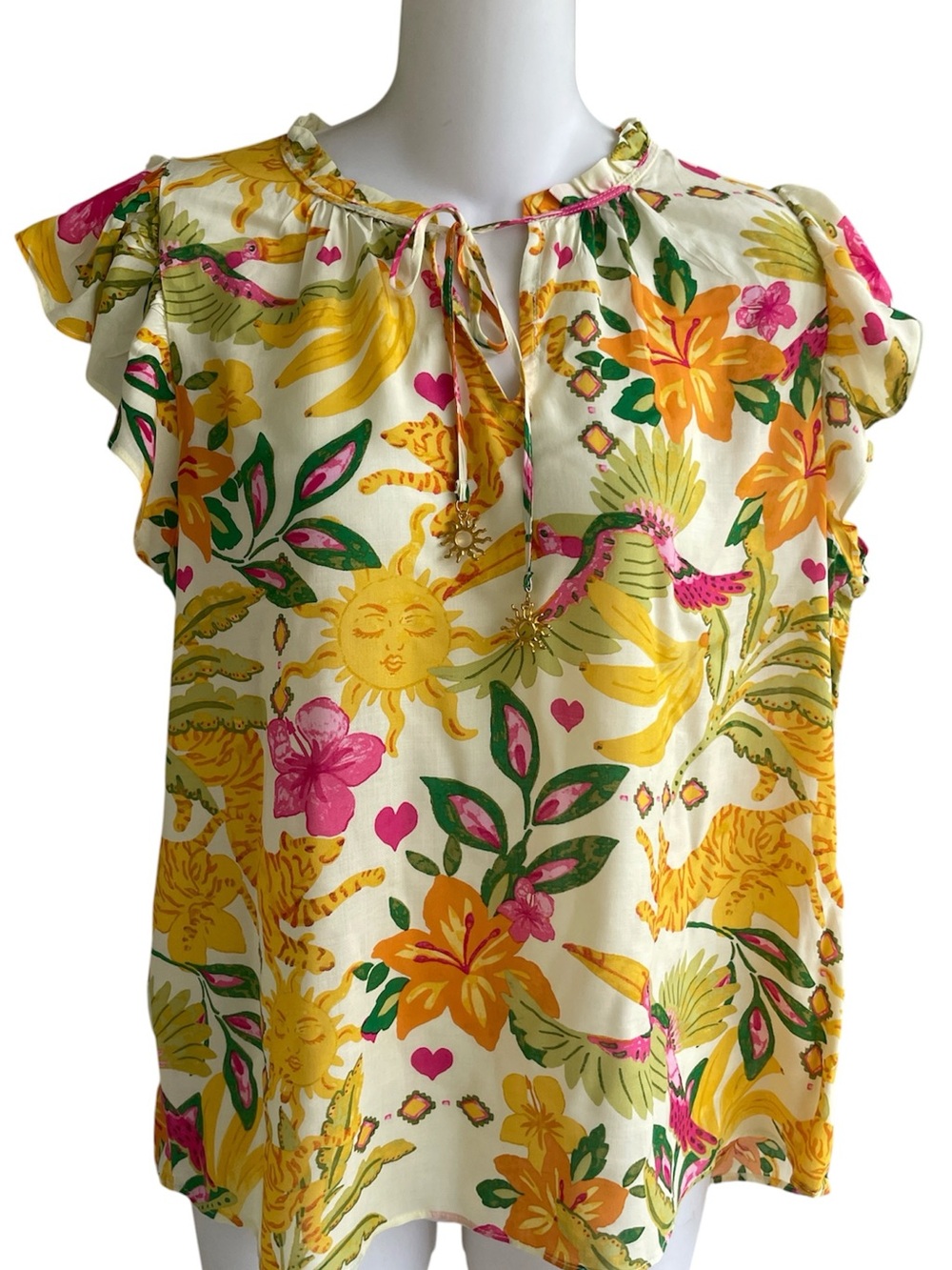 Rose + Olive Resort Floral Tiger Print Top Tropical Yellow Multi Ruffle Medium